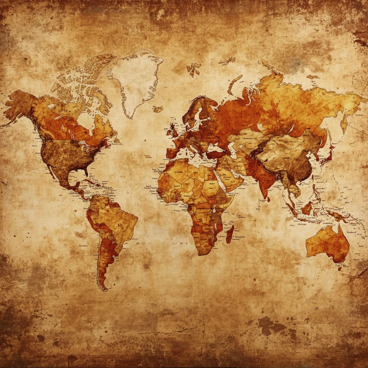 Antieke wereldkaart canvas schilderij met vervaagde continenten en oceanen in warme sepia, bruine en gouden tinten op verweerde achtergrond — hobbyruimte wanddecoratie
