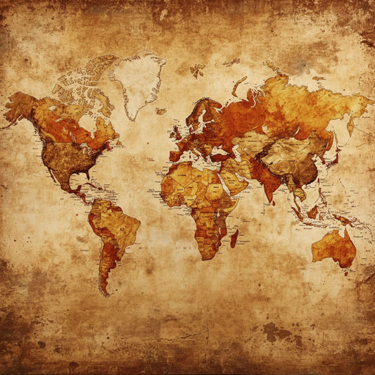 Antieke wereldkaart canvas schilderij met vervaagde continenten en oceanen in warme sepia, bruine en gouden tinten op verweerde achtergrond — hobbyruimte wanddecoratie
