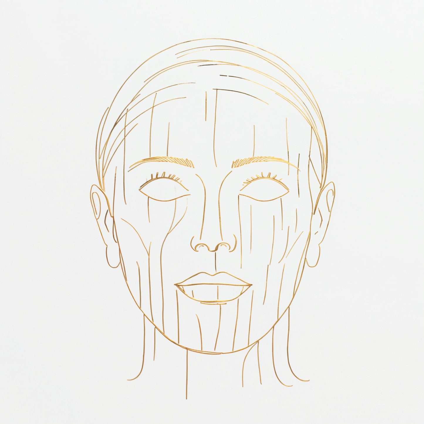 Gedetailleerd gouden portret line art canvas schilderij met frontaal gezicht in fijne gouden lijnen op witte achtergrond — hal wanddecoratie
