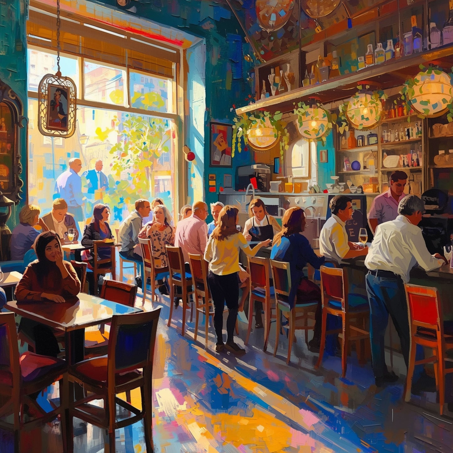 Bruisend restaurant interieur canvas schilderij met gasten aan tafels onder warm geel licht en kleurrijke flessen in blauw, oranje en geel — eetkamer wanddecoratie
