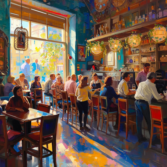 Bruisend restaurant interieur canvas schilderij met gasten aan tafels onder warm geel licht en kleurrijke flessen in blauw, oranje en geel — eetkamer wanddecoratie
