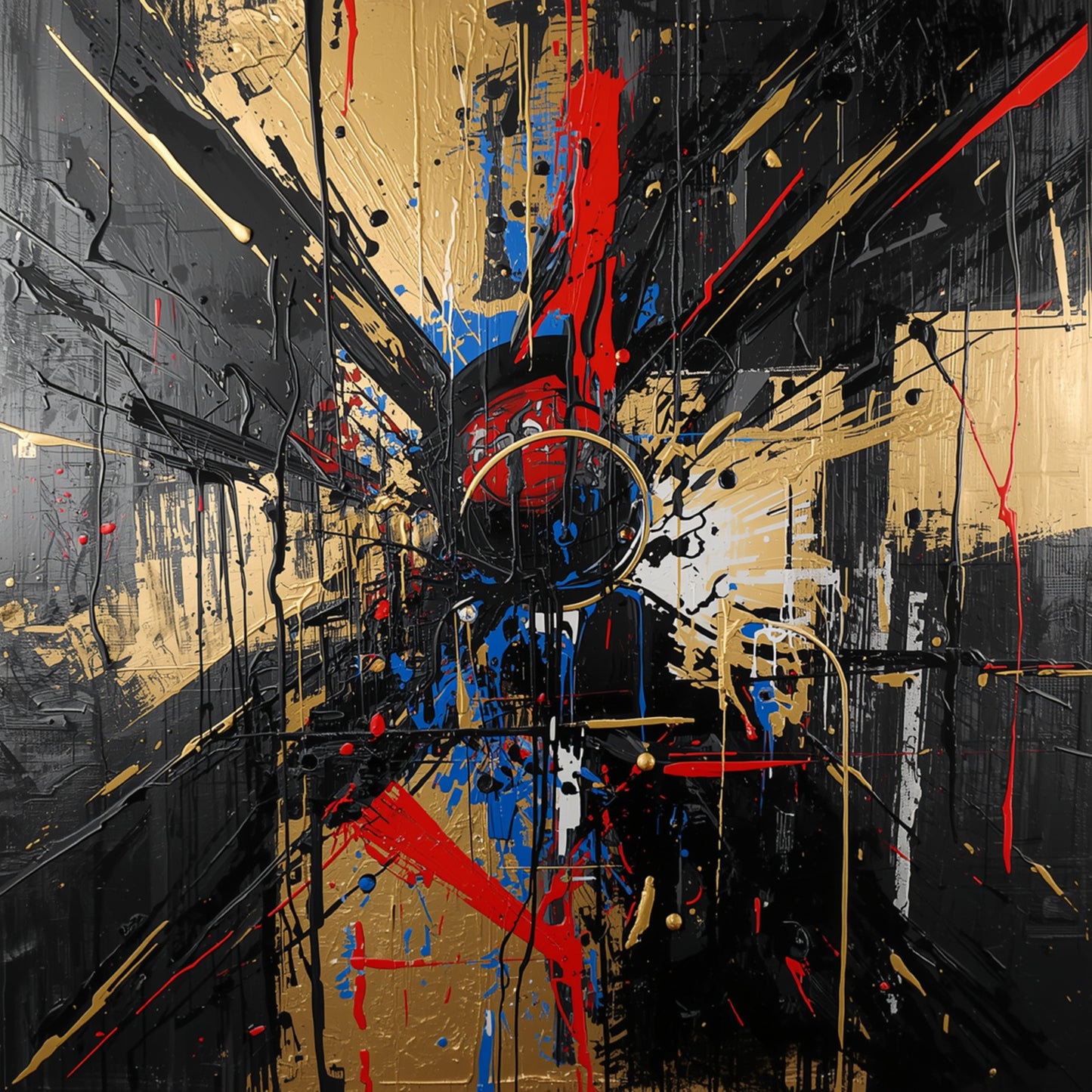 Explosief abstract expressionistisch canvas schilderij met dynamische zwarte, gouden, rode en blauwe penseelstreken op donkere achtergrond — gang wanddecoratie

