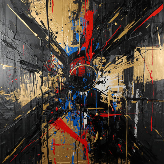 Explosief abstract expressionistisch canvas schilderij met dynamische zwarte, gouden, rode en blauwe penseelstreken op donkere achtergrond — gang wanddecoratie
