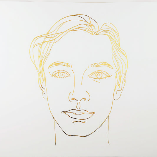 Stijlvol gouden mannenportret canvas schilderij met lichte gouden lijnen, haar met volume en open ogen op witte achtergrond — hal wanddecoratie
