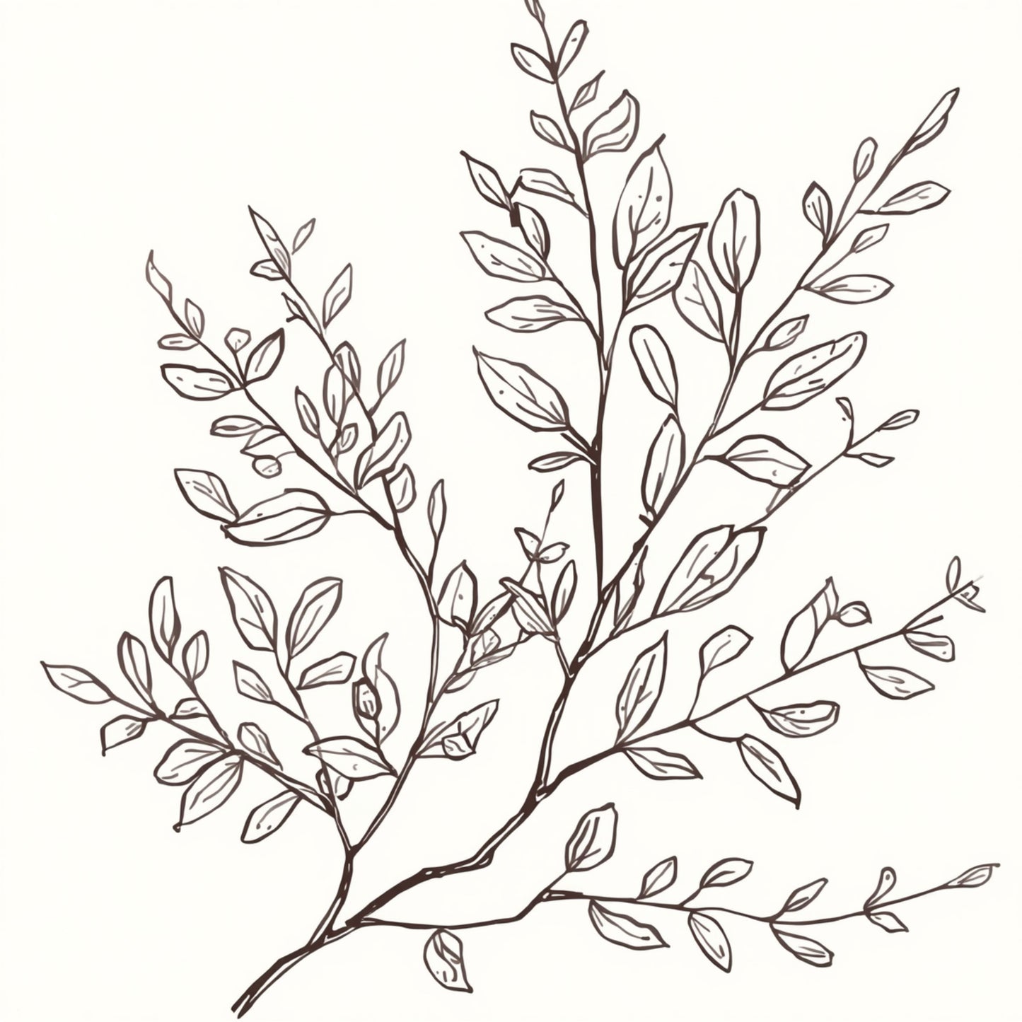 Delicaat botanische takken schets canvas schilderij met fijne vertakte takken en kleine blaadjes in line art stijl op witte achtergrond — hal wanddecoratie
