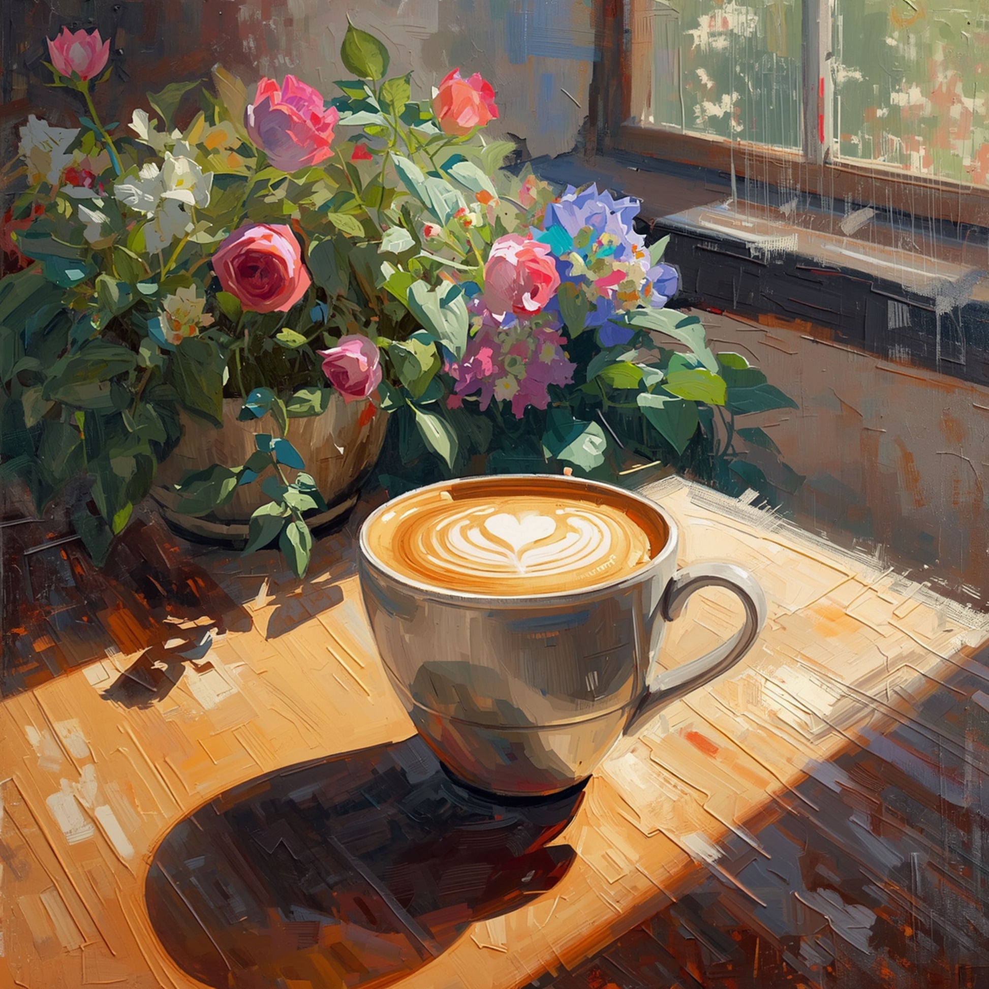 Koffie en bloemen stilleven canvas schilderij met dampende latte art kop, roze en blauwe bloemen en groene bladeren op houten tafel bij raam – eetkamer wanddecoratie
