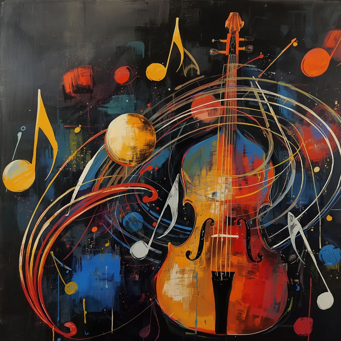 Expressief abstracte viool canvas schilderij met gouden viool omgeven door kleurrijke muzieknoten en golven in oranje, blauw en geel op zwarte achtergrond — hobbyruimte wanddecoratie
