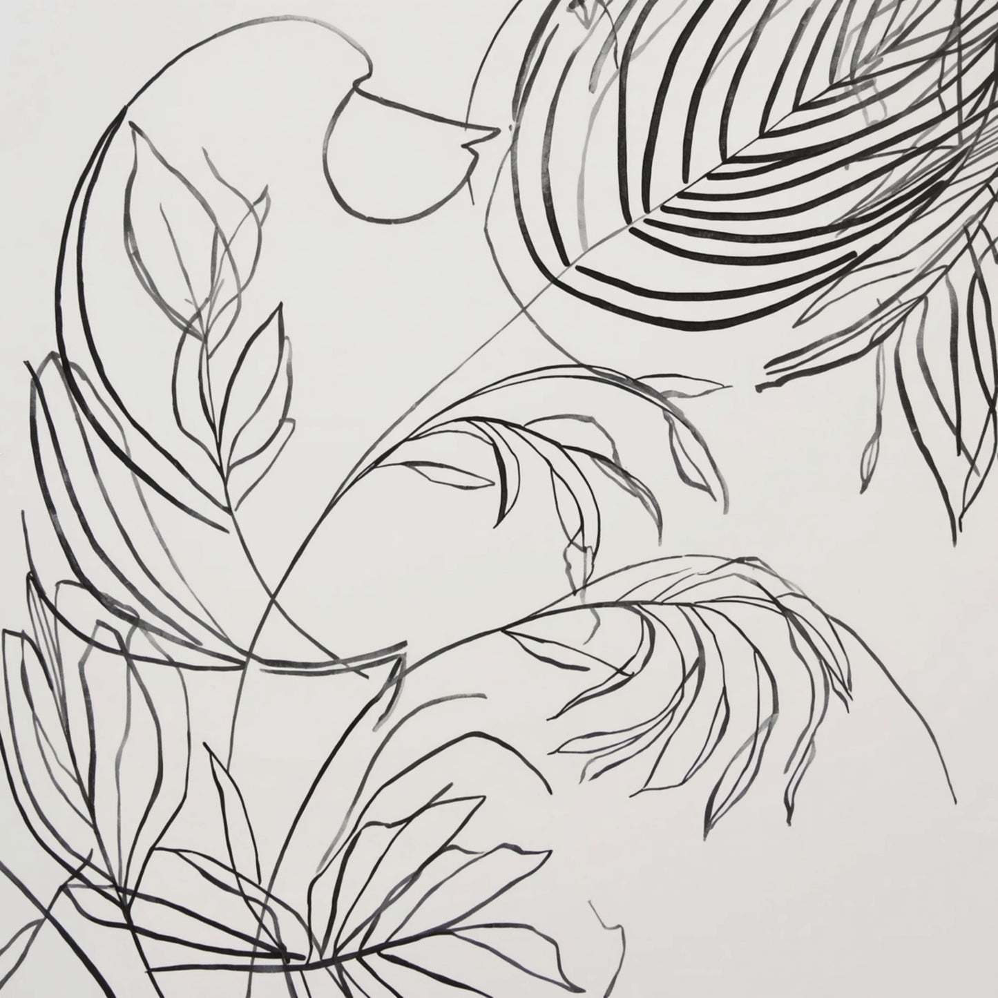 Minimalistisch tropische bladeren lijntekening canvas schilderij met monstera en palmbladeren in fijne zwarte lijnen op witte achtergrond — hal wanddecoratie
