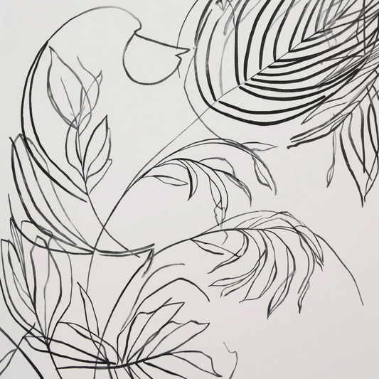 Minimalistisch tropische bladeren lijntekening canvas schilderij met monstera en palmbladeren in fijne zwarte lijnen op witte achtergrond — hal wanddecoratie
