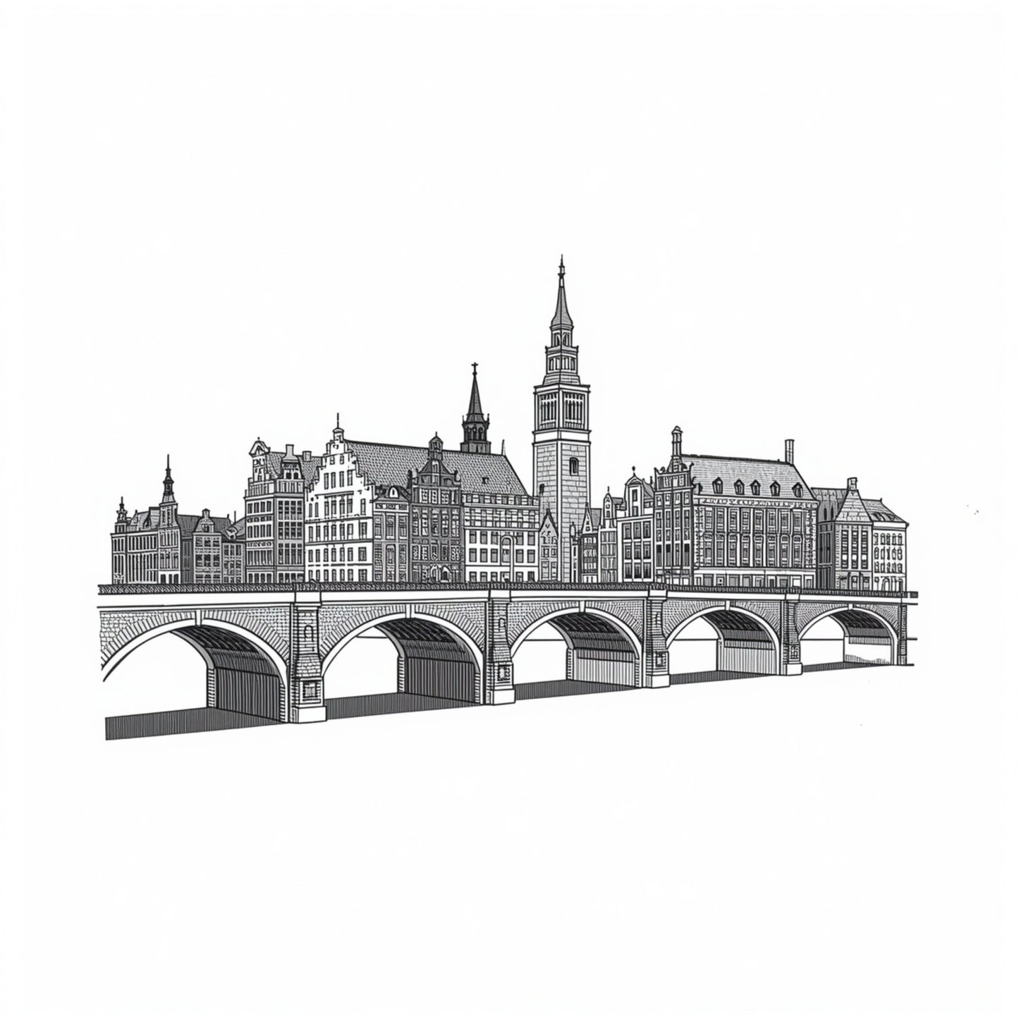 Gedetailleerd zwart-wit stadsgezicht canvas schilderij met historische stenen brug en imposante gebouwen met kerktoren op witte achtergrond — hal wanddecoratie
