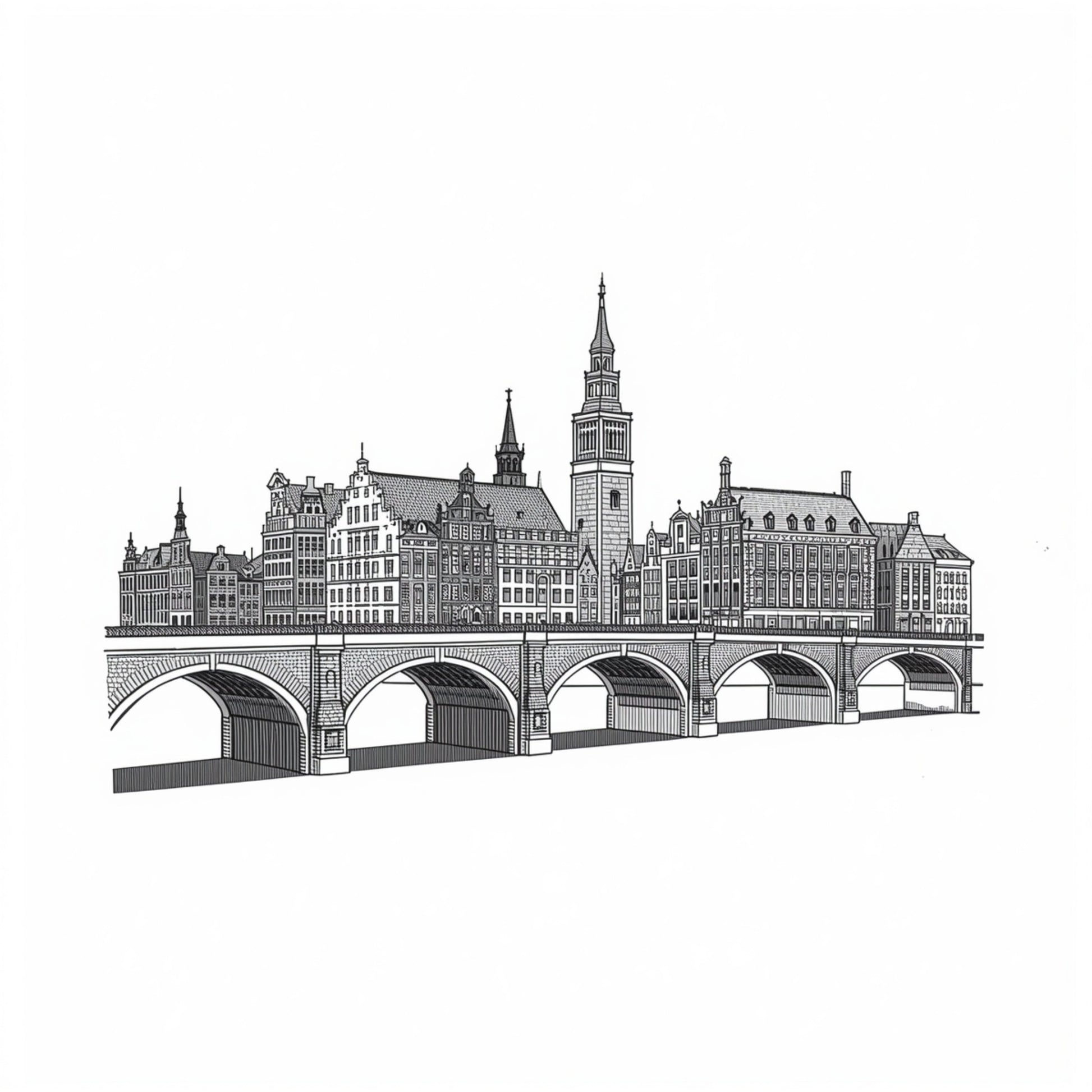 Gedetailleerd zwart-wit stadsgezicht canvas schilderij met historische stenen brug en imposante gebouwen met kerktoren op witte achtergrond — hal wanddecoratie
