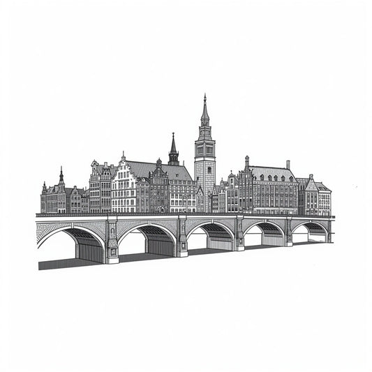 Gedetailleerd zwart-wit stadsgezicht canvas schilderij met historische stenen brug en imposante gebouwen met kerktoren op witte achtergrond — hal wanddecoratie
