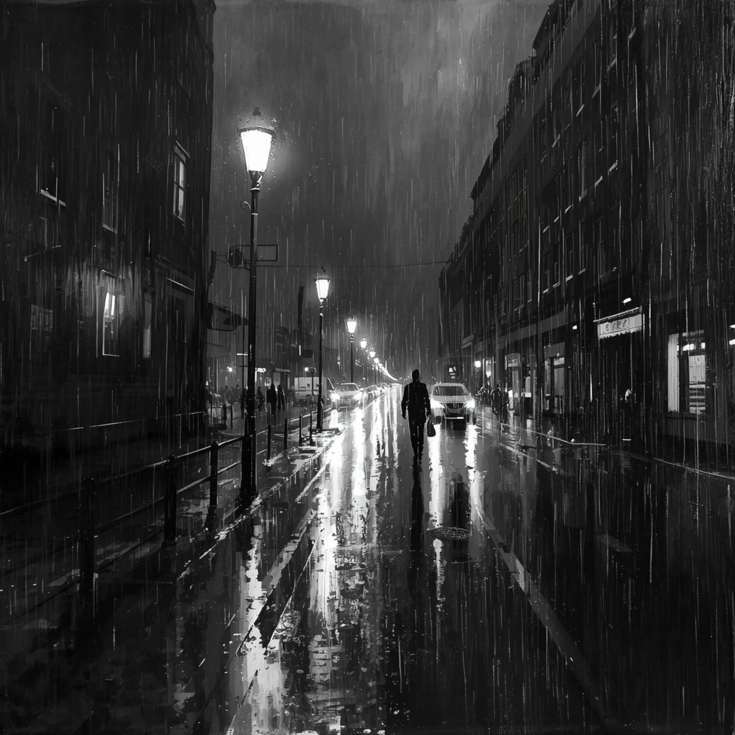 Filmisch zwart-wit Parijse regenstraat canvas schilderij met auto's, lantaarnpalen en natte glanzende klinkers in mistige nachtsfeer — gang wanddecoratie
