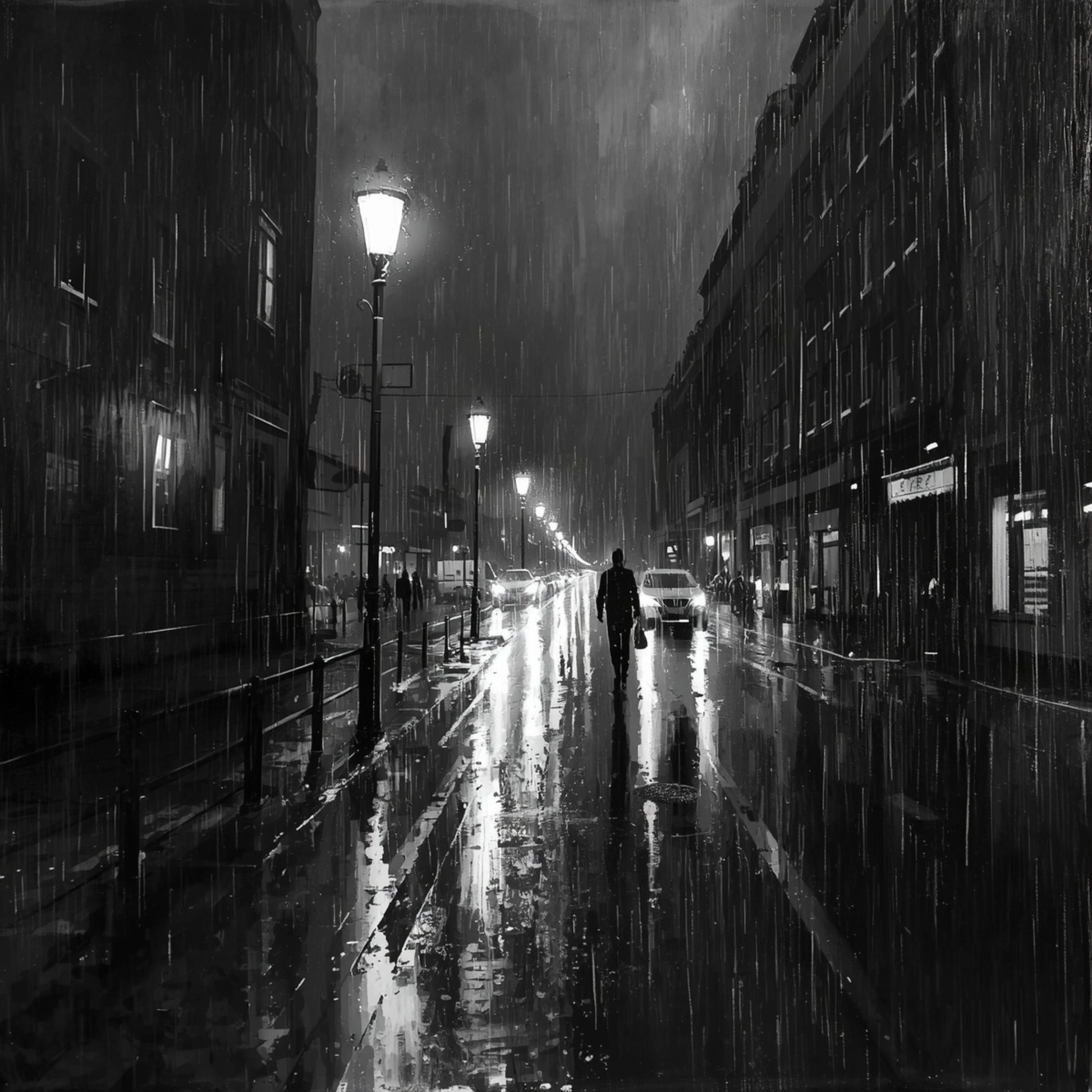 Filmisch zwart-wit Parijse regenstraat canvas schilderij met auto's, lantaarnpalen en natte glanzende klinkers in mistige nachtsfeer — gang wanddecoratie
