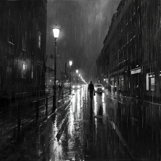 Filmisch zwart-wit Parijse regenstraat canvas schilderij met auto's, lantaarnpalen en natte glanzende klinkers in mistige nachtsfeer — gang wanddecoratie

