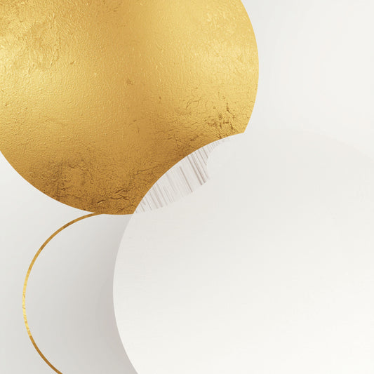 Abstract gouden bollen close-up canvas schilderij met grote gouden en witte ronde vormen op lichte achtergrond — hal wanddecoratie
