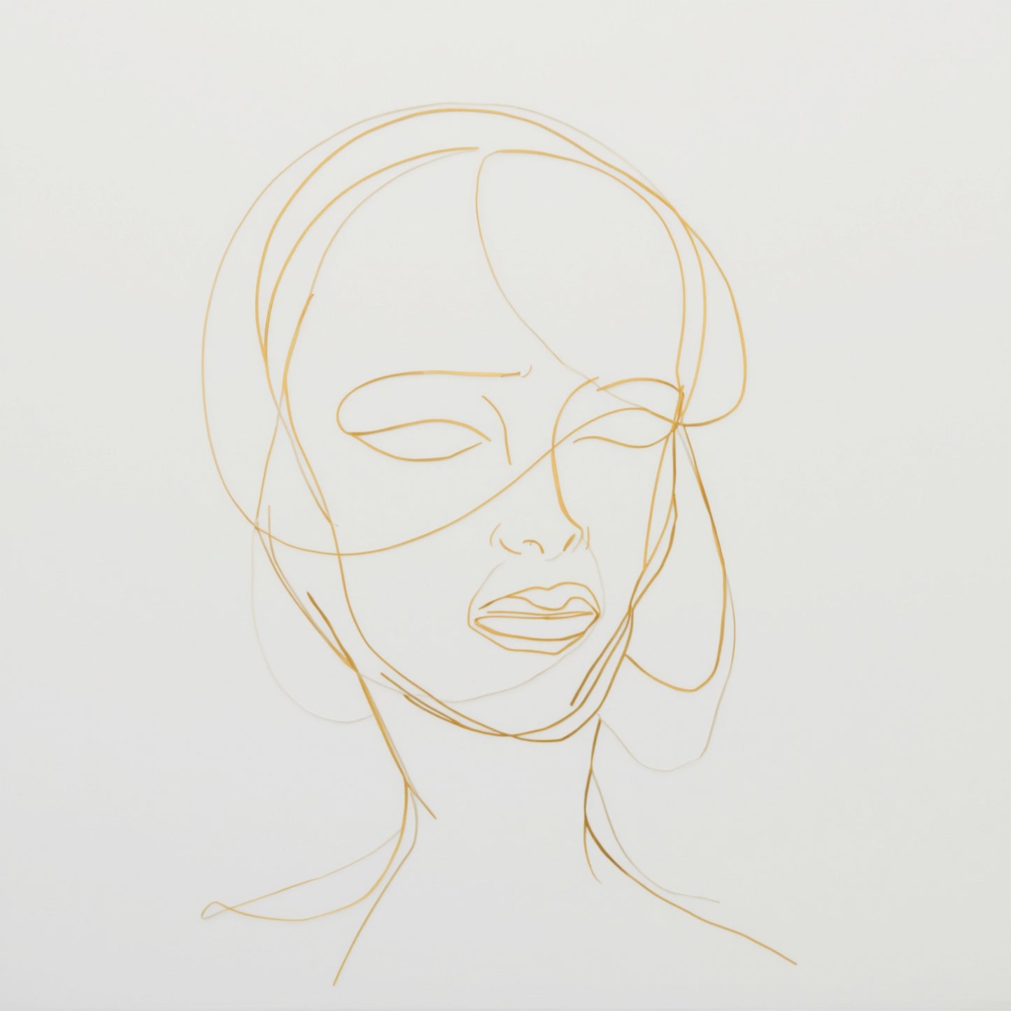 Minimalistisch gouden gezichtsportret line art canvas schilderij met fijne gouden lijnen op witte achtergrond — hal wanddecoratie
