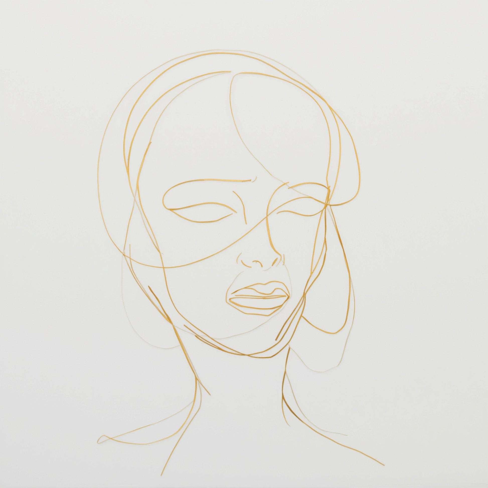 Minimalistisch gouden gezichtsportret line art canvas schilderij met fijne gouden lijnen op witte achtergrond — hal wanddecoratie
