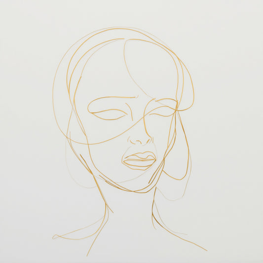 Minimalistisch gouden gezichtsportret line art canvas schilderij met fijne gouden lijnen op witte achtergrond — hal wanddecoratie
