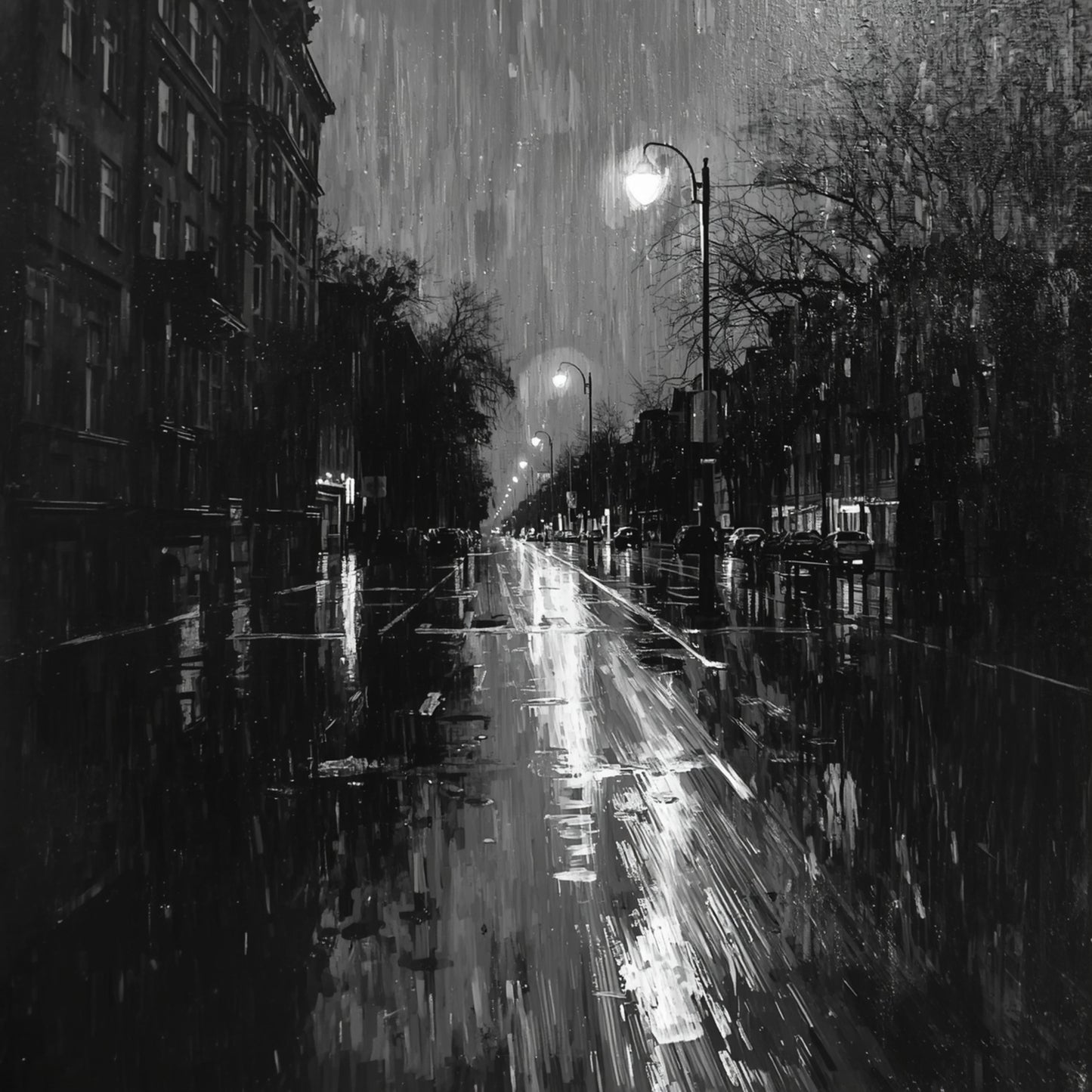 Cinematisch zwart-wit regenachtige stadsstraat canvas schilderij met lantaarnpalen, natte glanzende klinkers en mistige nachtsfeer — gang wanddecoratie

