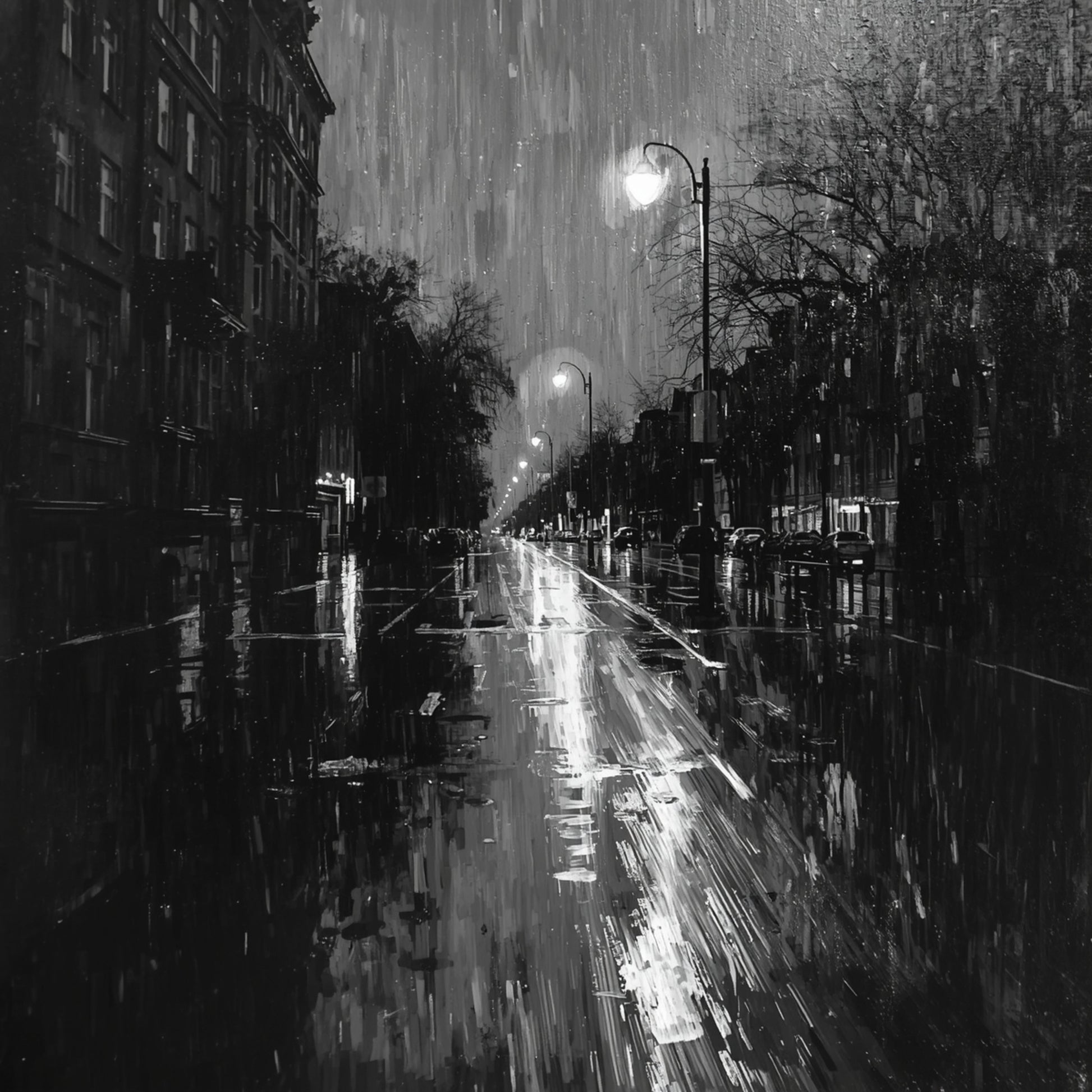 Cinematisch zwart-wit regenachtige stadsstraat canvas schilderij met lantaarnpalen, natte glanzende klinkers en mistige nachtsfeer — gang wanddecoratie
