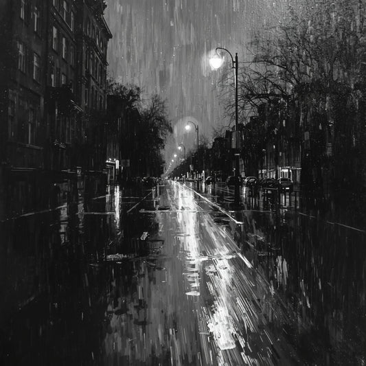 Cinematisch zwart-wit regenachtige stadsstraat canvas schilderij met lantaarnpalen, natte glanzende klinkers en mistige nachtsfeer — gang wanddecoratie
