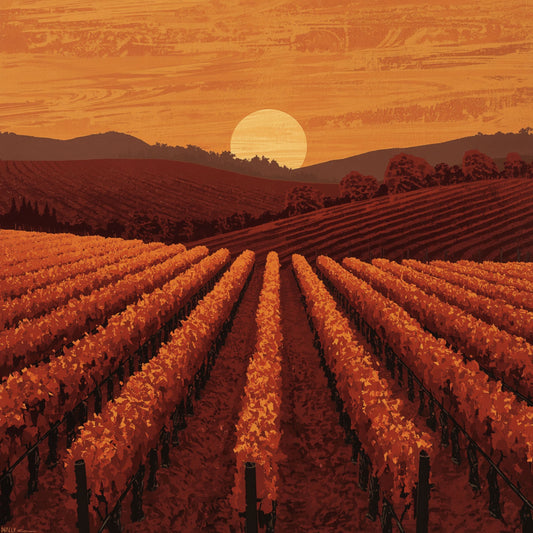 Toscaans wijngaard zonsondergang canvas schilderij met rijen wijnstokken in warm oranje en rood licht onder grote gouden zon — eetkamer wanddecoratie
