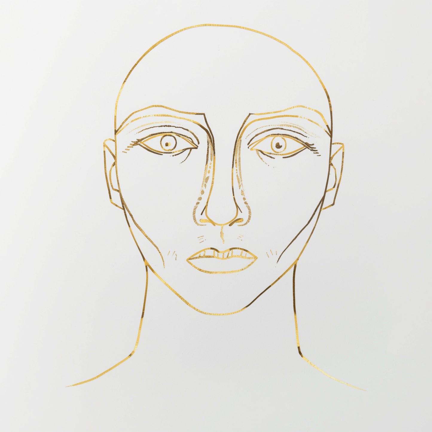 Intrigerend gouden androgyn portret canvas schilderij met expressieve ogen en minimale gouden lijnen op witte achtergrond — hal wanddecoratie
