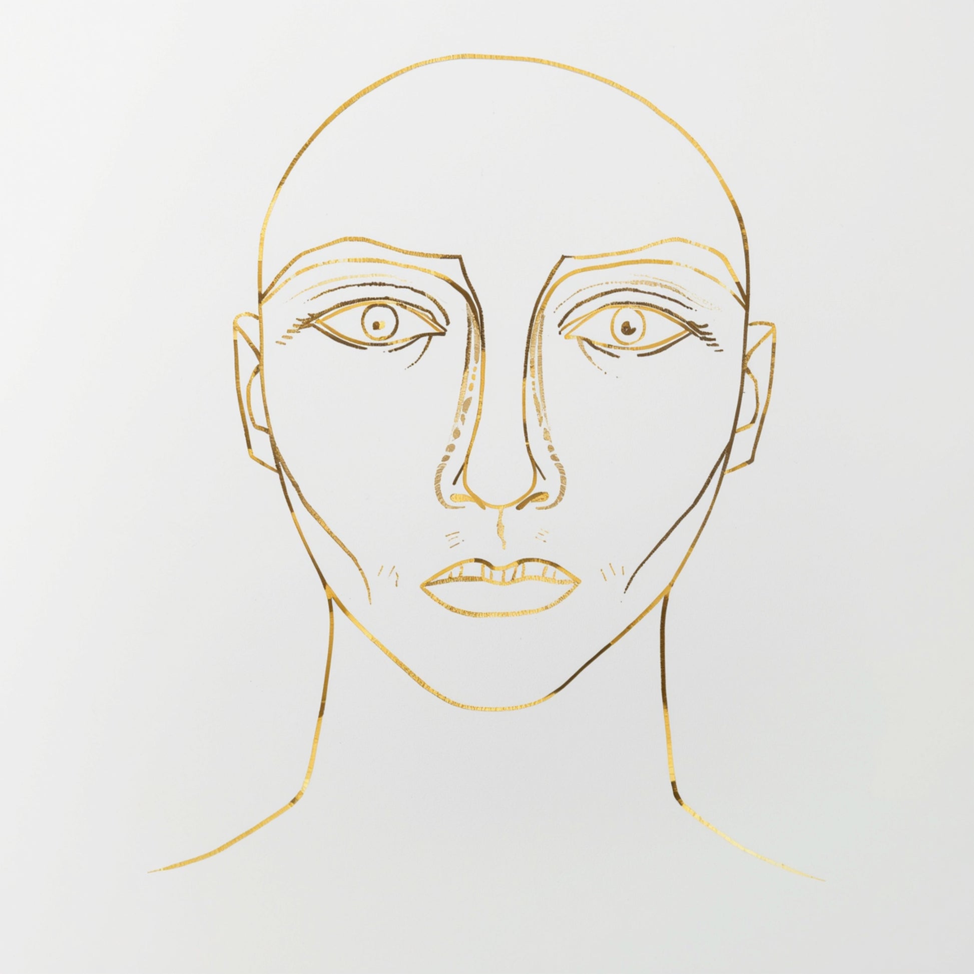 Intrigerend gouden androgyn portret canvas schilderij met expressieve ogen en minimale gouden lijnen op witte achtergrond — hal wanddecoratie
