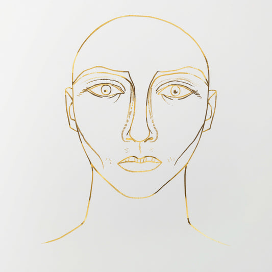 Intrigerend gouden androgyn portret canvas schilderij met expressieve ogen en minimale gouden lijnen op witte achtergrond — hal wanddecoratie
