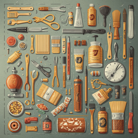 Vintage gereedschapsbord canvas schilderij met handgereedschap, penselen, scharen, klokje en tubes netjes gerangschikt op groene achtergrond — hobbyruimte wanddecoratie
