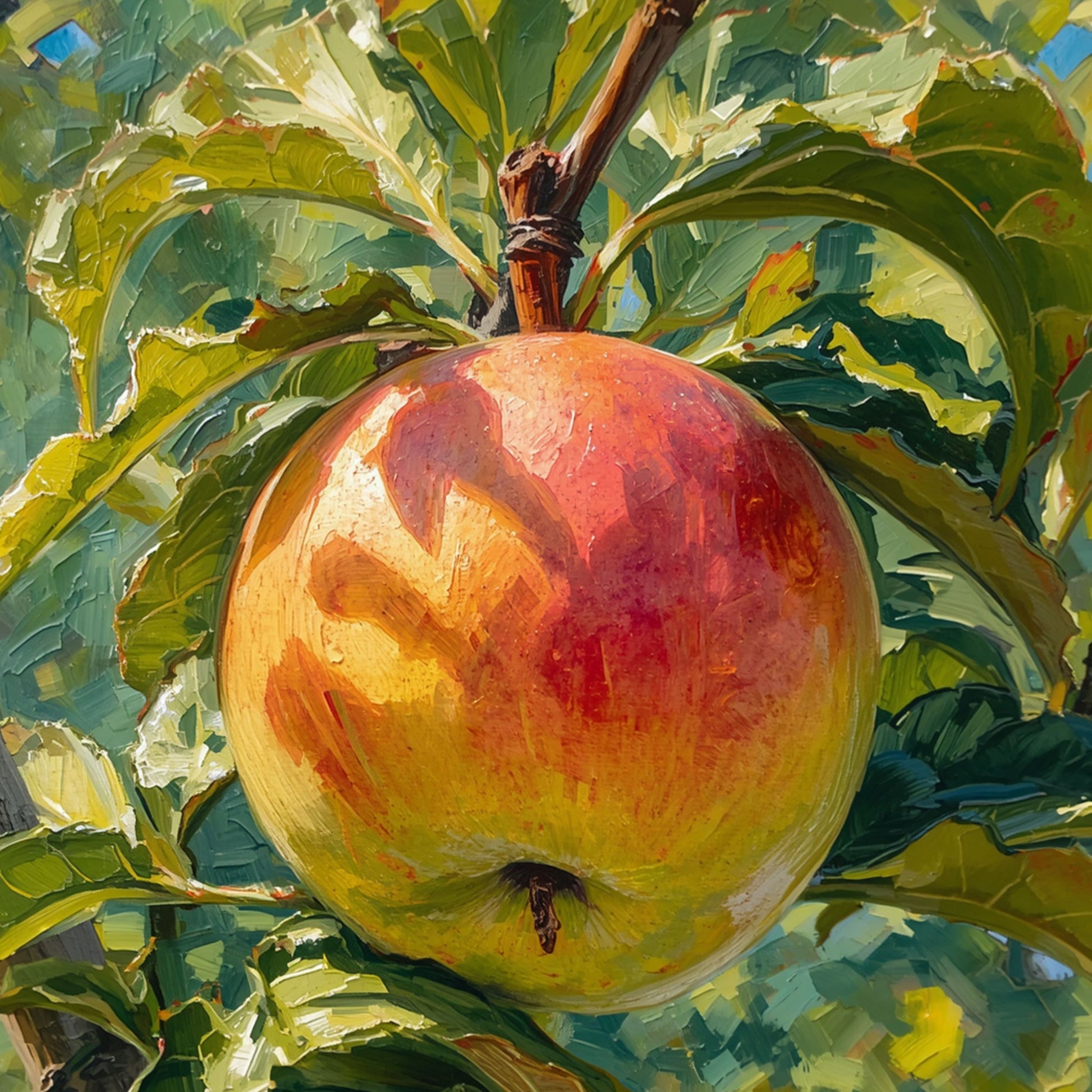 Impressionistisch appel stilleven canvas schilderij met rijpe rode en gele appel aan tak tussen weelderige groene bladeren in warme tinten — eetkamer wanddecoratie
