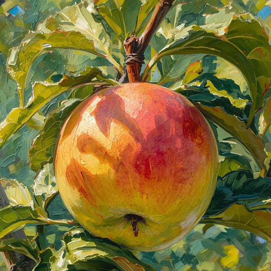 Impressionistisch appel stilleven canvas schilderij met rijpe rode en gele appel aan tak tussen weelderige groene bladeren in warme tinten — eetkamer wanddecoratie
