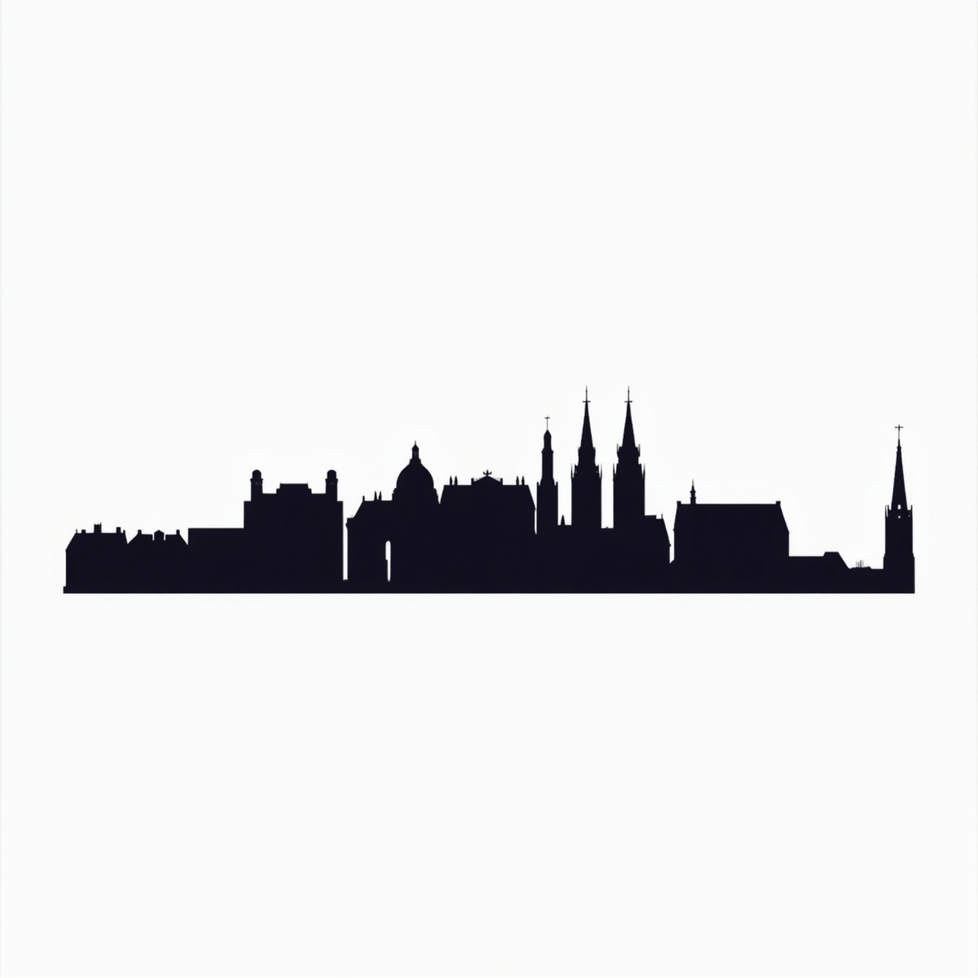 Minimalistisch stadssilhouet skyline canvas schilderij met zwarte skyline van torens en kerken op witte achtergrond — hal wanddecoratie
