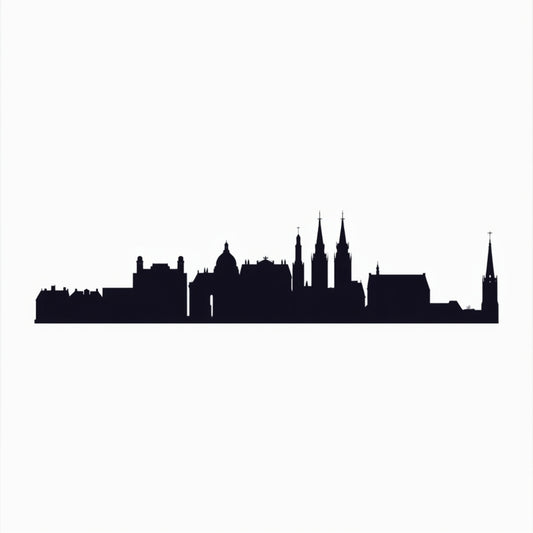 Minimalistisch stadssilhouet skyline canvas schilderij met zwarte skyline van torens en kerken op witte achtergrond — hal wanddecoratie
