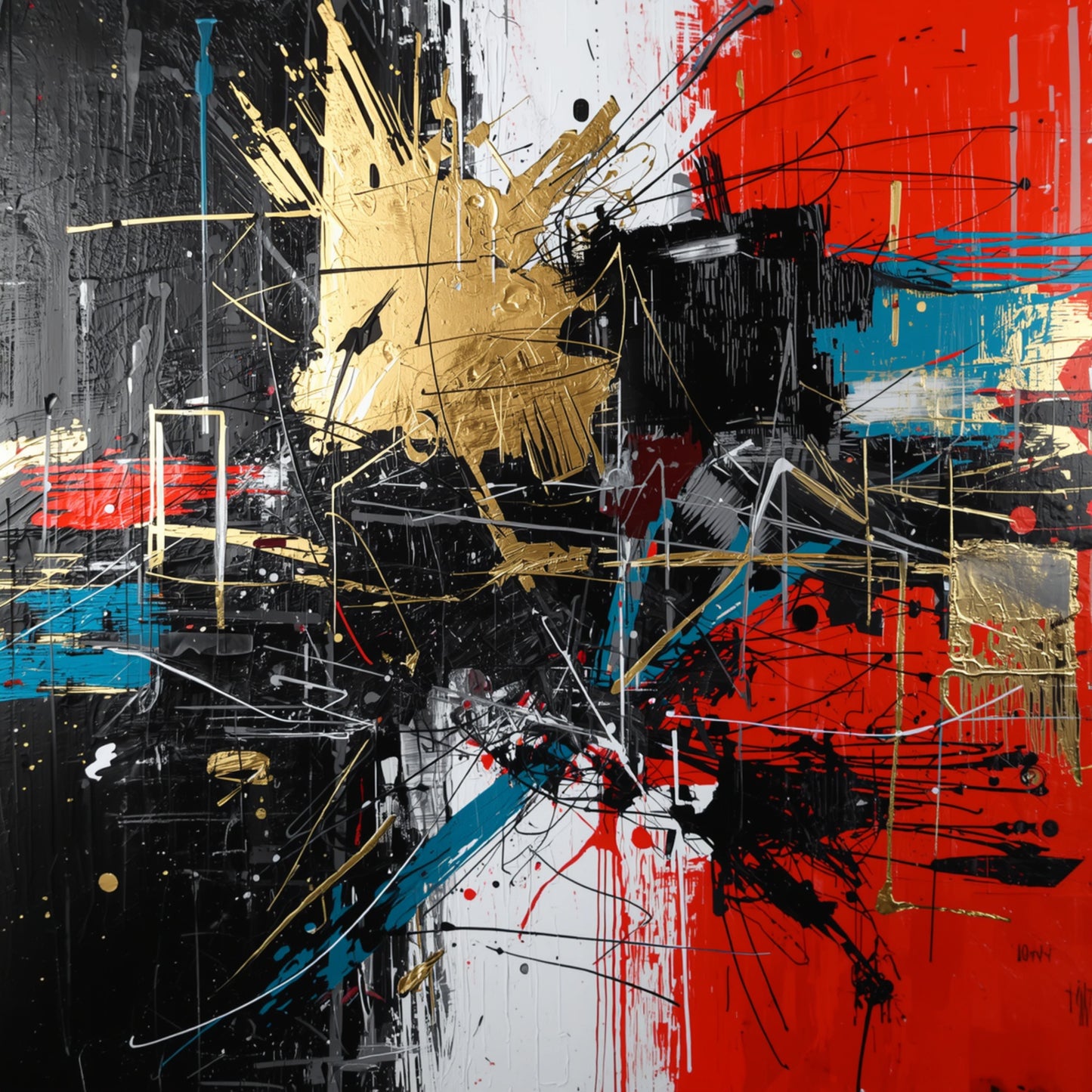 Krachtig abstract expressionistisch canvas schilderij met rode, zwarte, gouden en turquoise penseelstreken en spatten op donkere achtergrond — gang wanddecoratie
