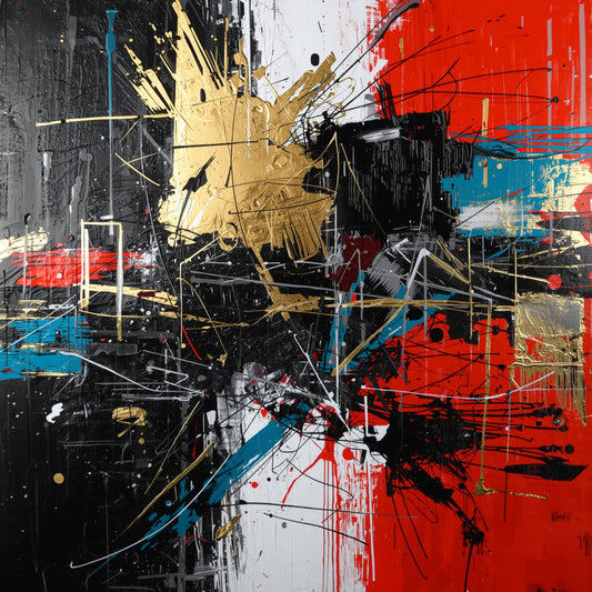 Krachtig abstract expressionistisch canvas schilderij met rode, zwarte, gouden en turquoise penseelstreken en spatten op donkere achtergrond — gang wanddecoratie
