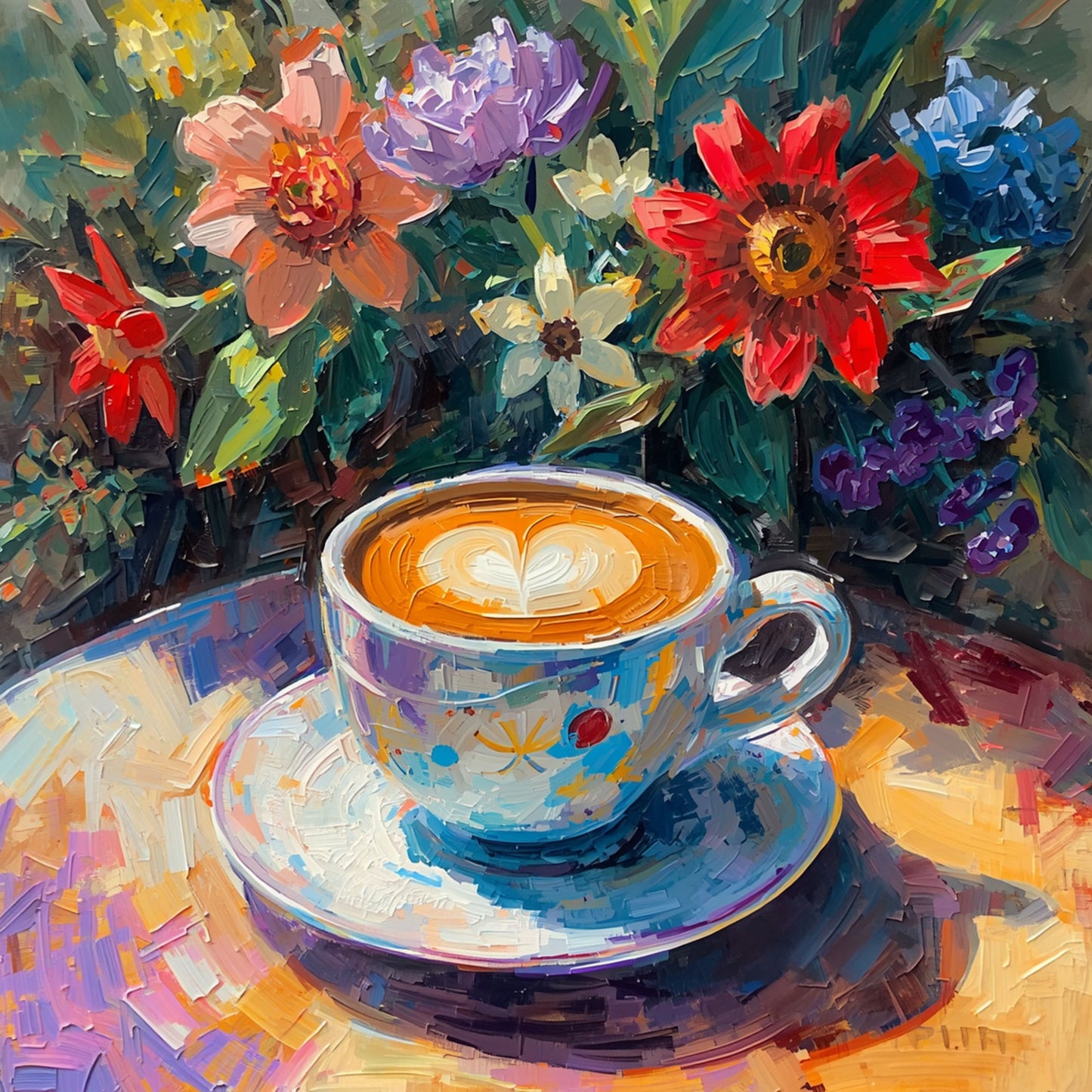 Impressionistisch koffie en bloemen canvas schilderij met blauwe koffiemok met latte art omringd door rode en paarse bloemen in warme tinten — eetkamer wanddecoratie
