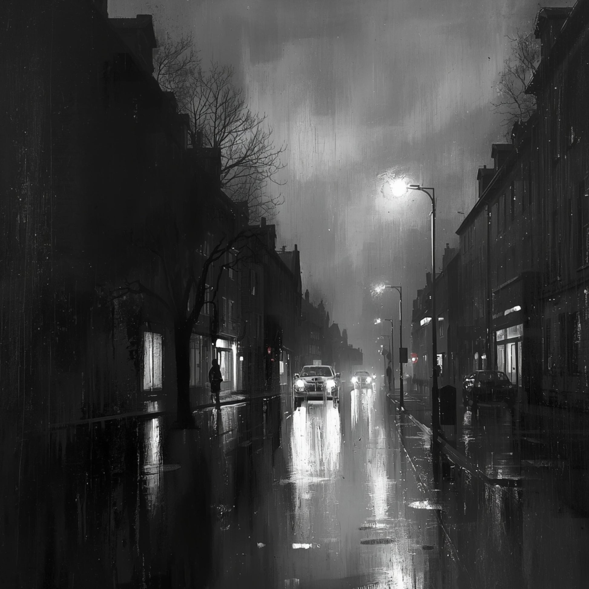 Dramatisch zwart-wit mistige stadsstraat canvas schilderij met kale bomen, lantaarnpalen, natte weg en dramatische bewolkte nachtlucht — gang wanddecoratie
