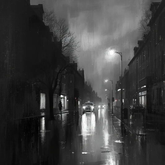 Dramatisch zwart-wit mistige stadsstraat canvas schilderij met kale bomen, lantaarnpalen, natte weg en dramatische bewolkte nachtlucht — gang wanddecoratie
