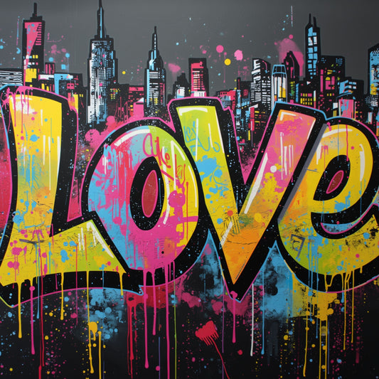 Kleurrijk LOVE graffiti canvas schilderij met neon roze, geel en blauw op zwarte achtergrond met stedelijke skyline — gang wanddecoratie
