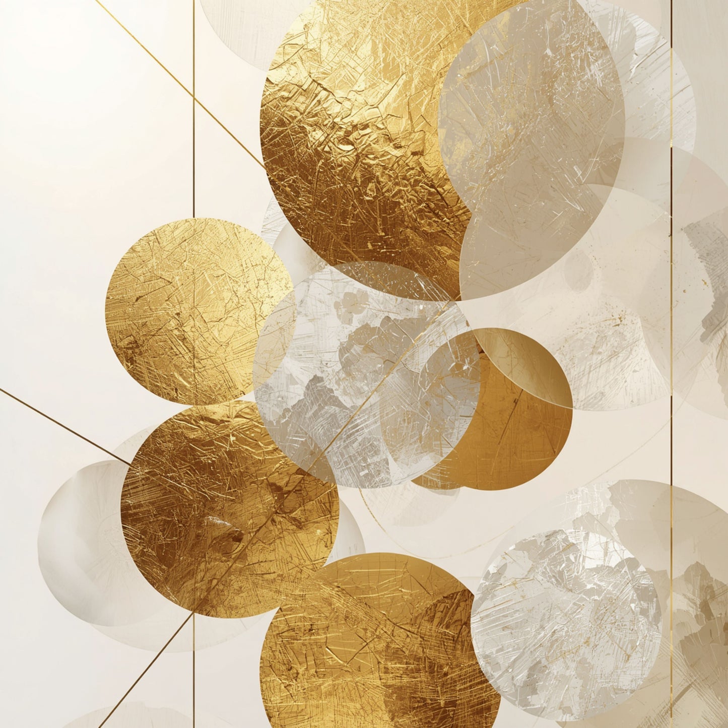 Abstract gouden cirkels canvas schilderij met overlappende gouden en witte bollen in verschillende groottes op lichte achtergrond — hal wanddecoratie
