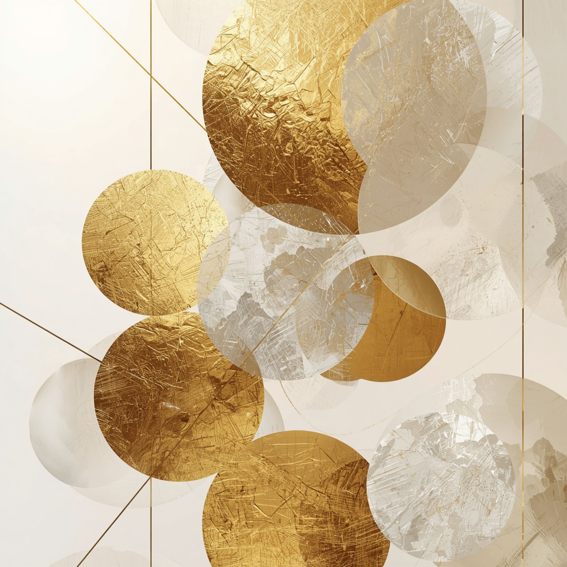 Abstract gouden cirkels canvas schilderij met overlappende gouden en witte bollen in verschillende groottes op lichte achtergrond — hal wanddecoratie
