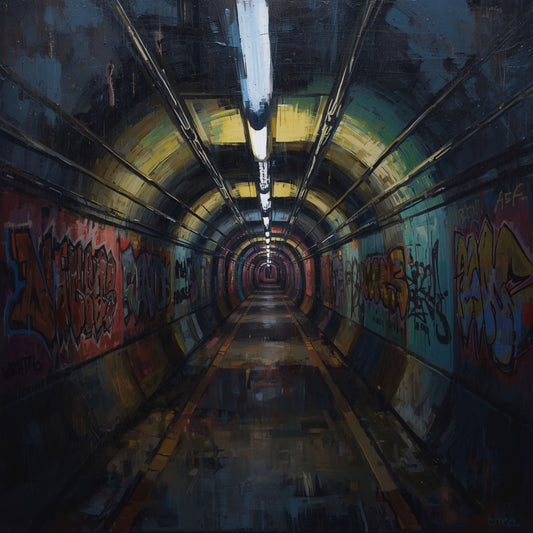 Rauw industrieel graffiti tunnel canvas schilderij met boogvormige roestige muren, graffiti en warm geel licht aan het einde — gang wanddecoratie
