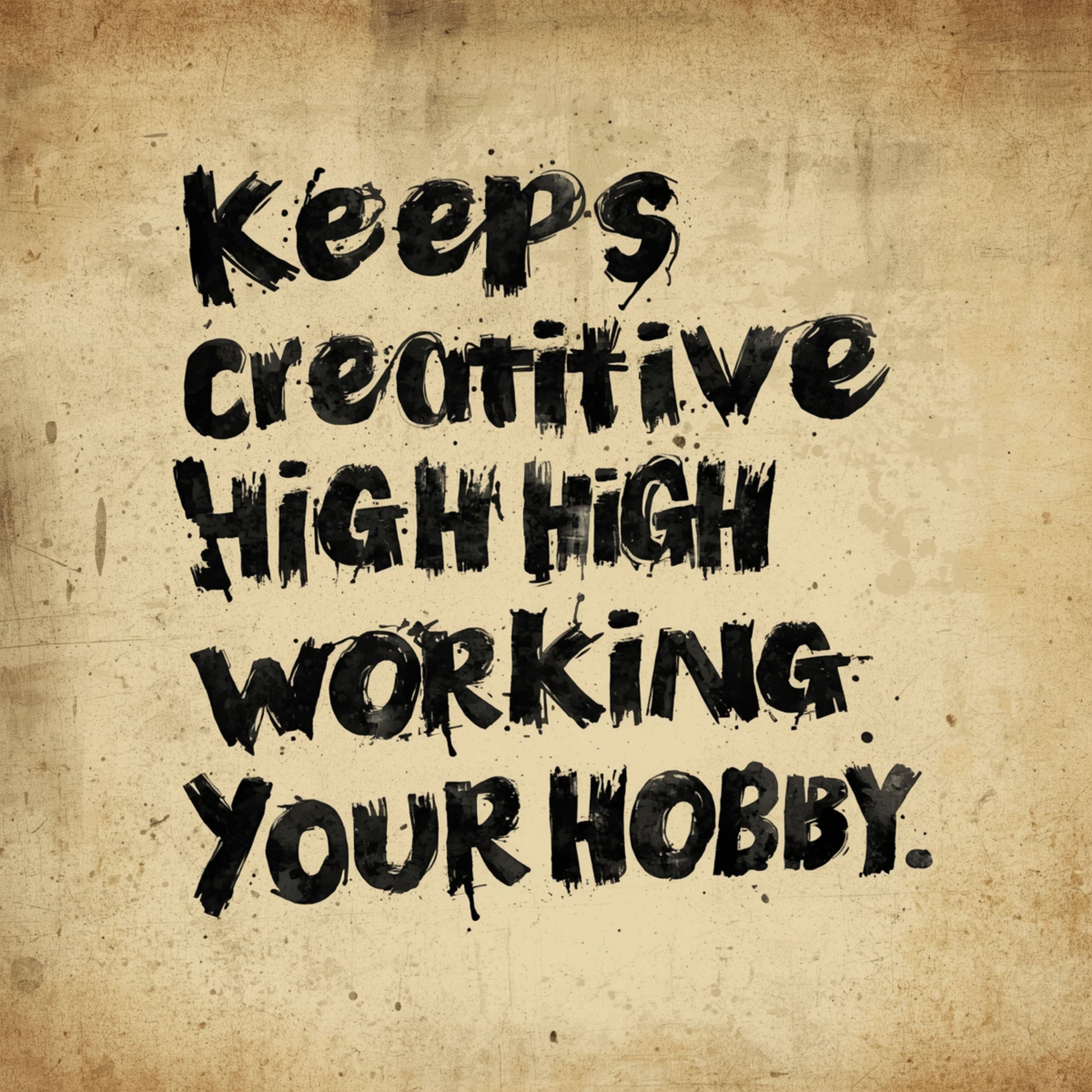 Vintage quote canvas schilderij met de tekst "Keeps Creative High High Working Your Hobby" in zwarte letters op verweerde beige achtergrond — hobbyruimte wanddecoratie
