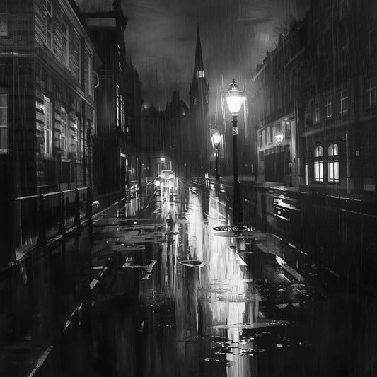 Sfeervol zwart-wit middeleeuwse steegstraat canvas schilderij met lantaarnpalen, natte klinkers en historische gevels in nachtelijke mist — gang wanddecoratie
