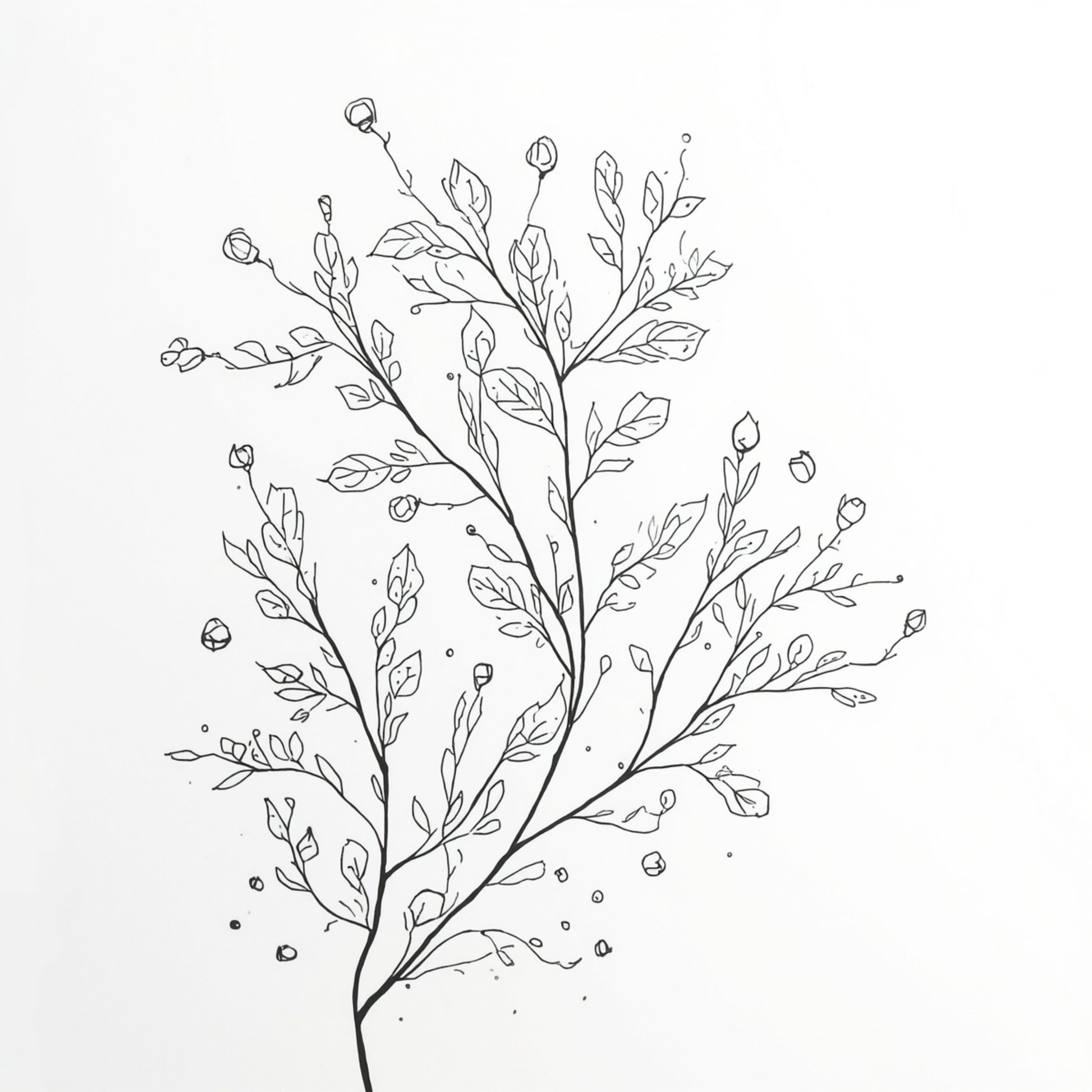 Delicaat botanisch tak canvas schilderij met fijne zwarte takjes en lichtgrijze bloesemknoppen op witte achtergrond — hal wanddecoratie
