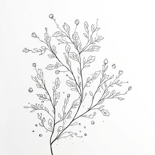 Delicaat botanisch tak canvas schilderij met fijne zwarte takjes en lichtgrijze bloesemknoppen op witte achtergrond — hal wanddecoratie
