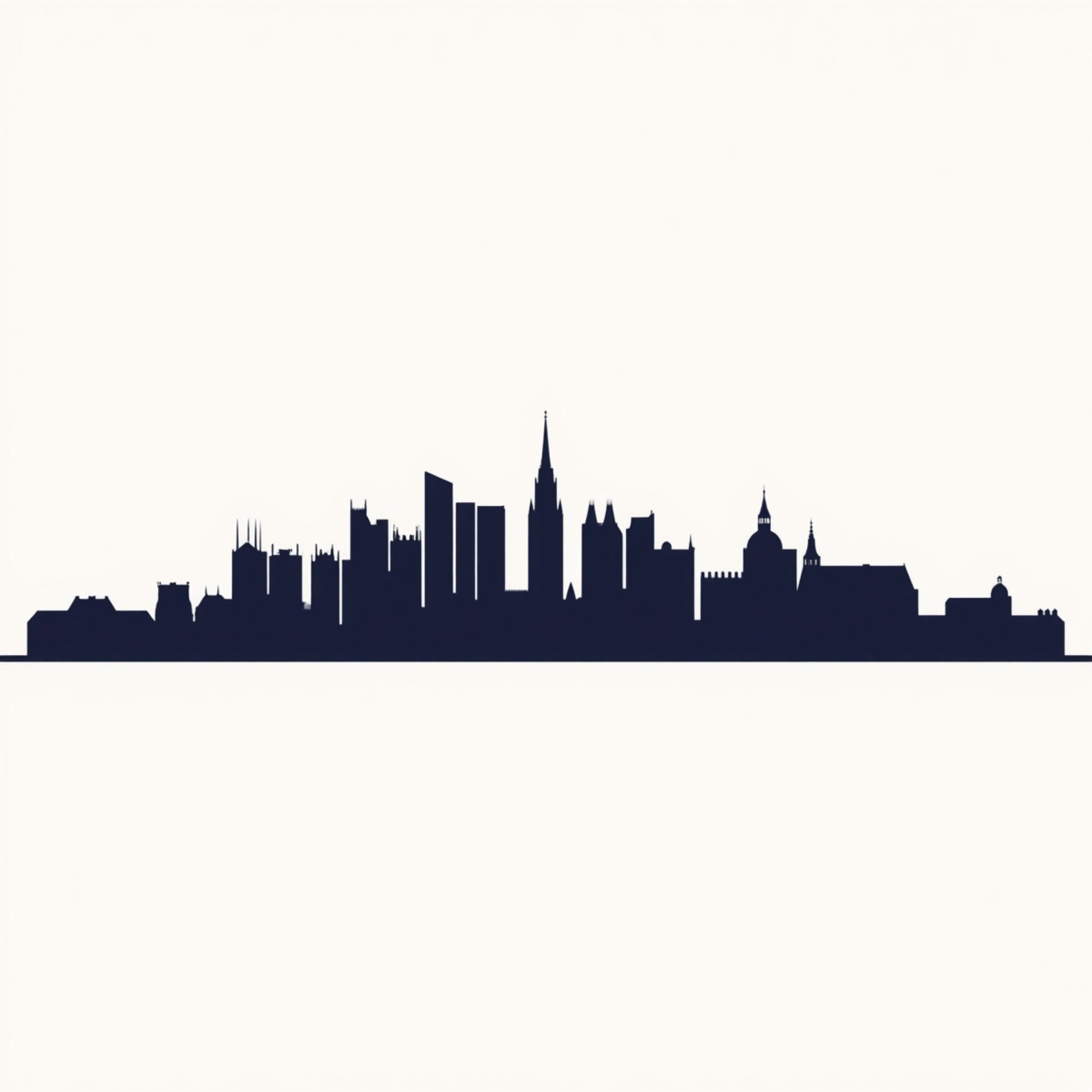 Minimalistisch donkerblauw stadssilhouet skyline canvas schilderij op crème achtergrond met torens en kerken — hal wanddecoratie

