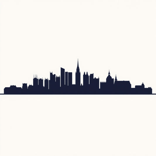 Minimalistisch donkerblauw stadssilhouet skyline canvas schilderij op crème achtergrond met torens en kerken — hal wanddecoratie
